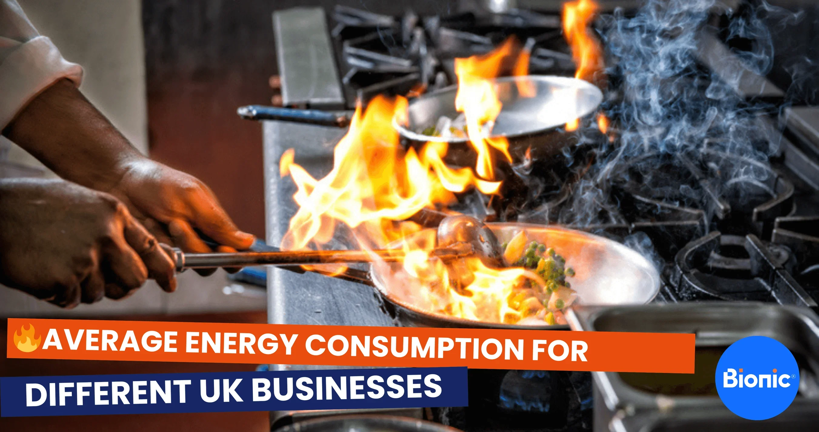 Close up of chef's hand preparing Indian food by flame in frying pan in a restaurant kitchen. Caption reads: average energy consumption for different uk businesses