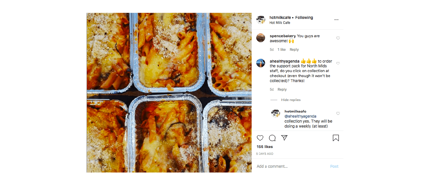 Instagram post from Hot Milk Cafe showing trays of Lasagna ready to go to NHS staff