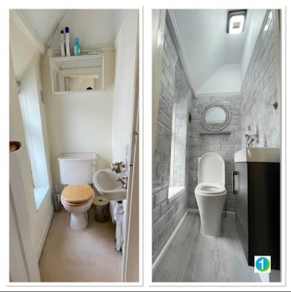 A before and after comparison of a bathroom redecorated by One Handyman