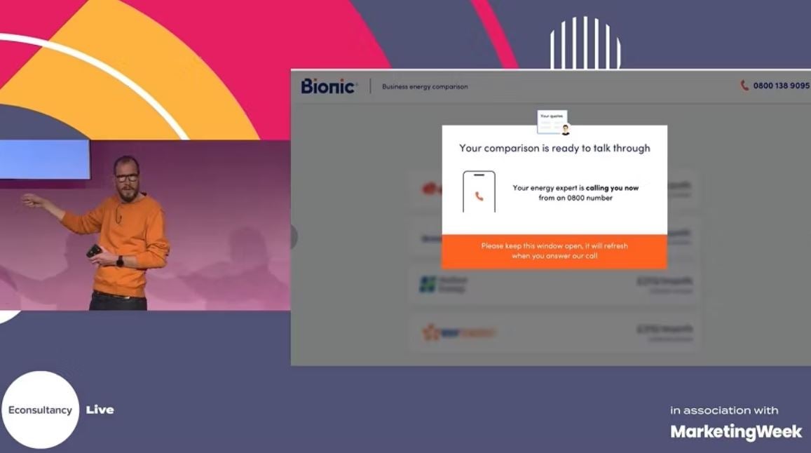 Bionic’s Glyn Britton speaking at Econsultancy Live about Bionic’s hybrid approach to customer experience. Inset screenshot of message highlighting incoming call to customer from a Bionic energy expert who is ready to talk through energy quotes on screen.