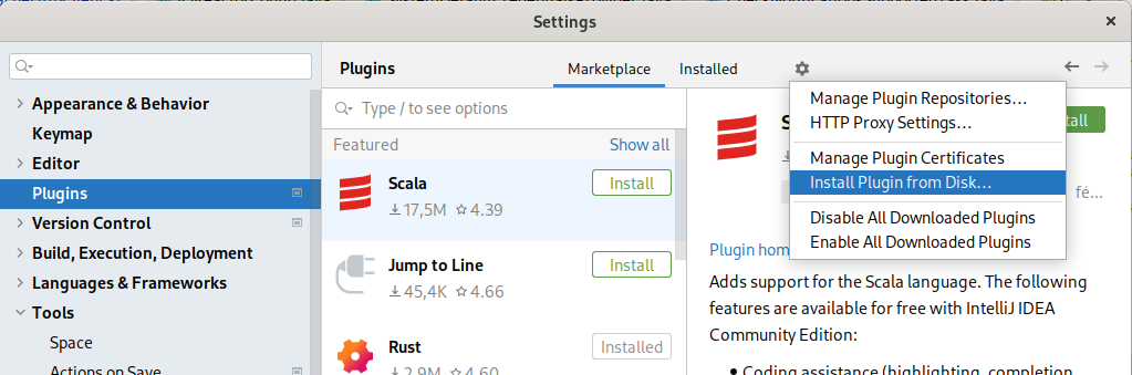 How to install a SonarLint for IntelliJ plugin from disk.