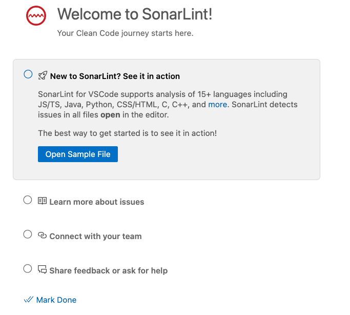 The Welcome to SonarLint introduction walkthrough screen.