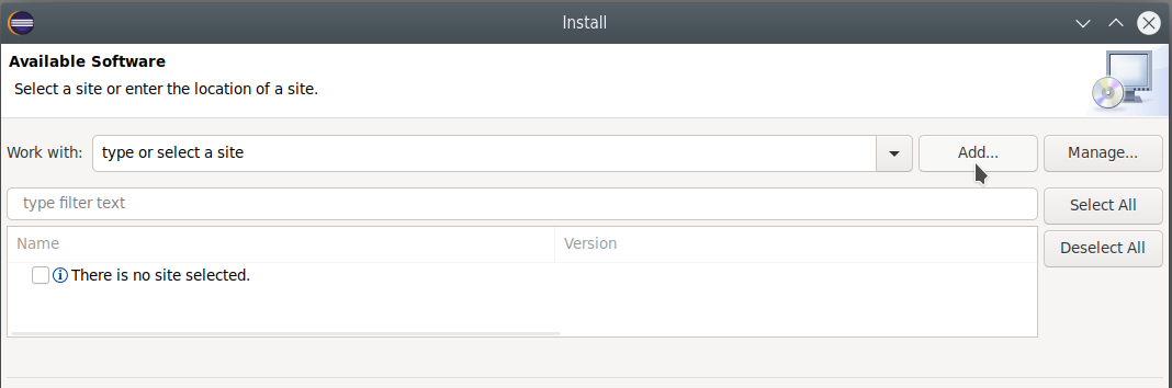 Select Add... to bring up an installation wizard to start the offline installation of SonarLint for Eclipse.