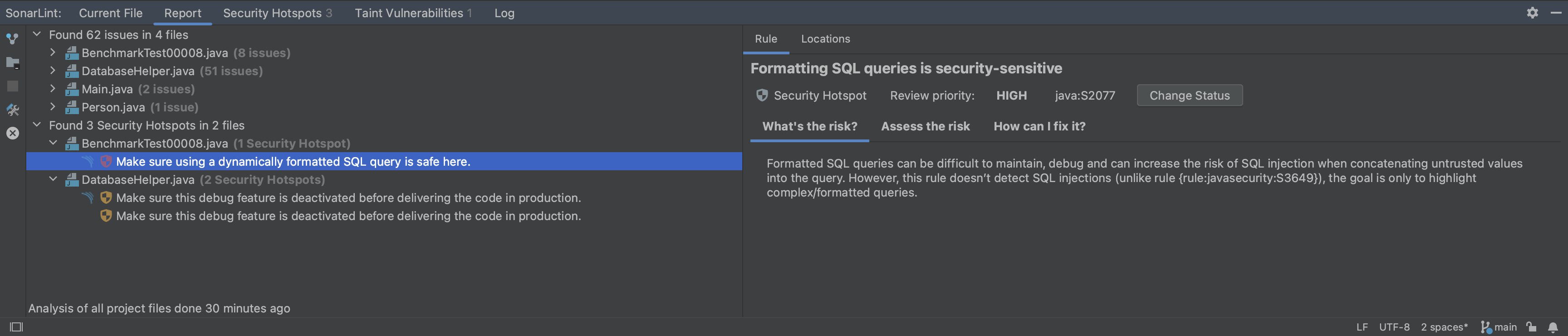 Security hotspots are separated from regular issues in the SonarLint Report tab.