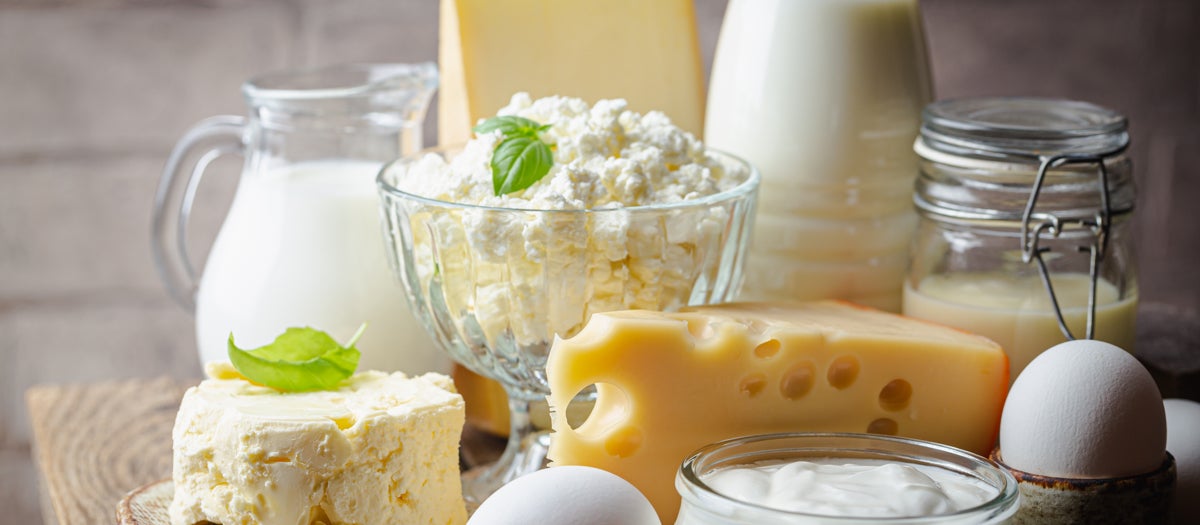 Von vorne: Milch, Käse, Eier auf einem Tisch.