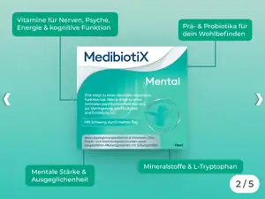Grafik zeigt türkisfarbene Packung von Medibiotix Mental mit Produkthinweisen.
