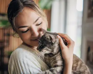 Frau hält Katze im Arm und streichelt sie sanft.