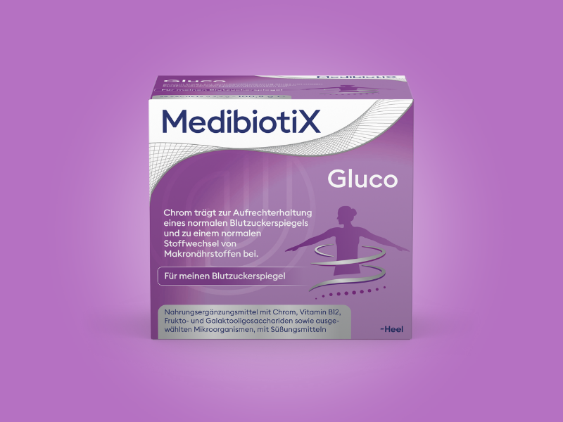 Lila-farbige Medibiotix Gluco Packung.