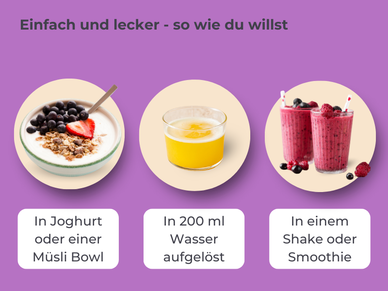 MedibiotiX Gluco kann in Joghurt, in einem Smoothie oder in einem Glas Wasser eingerührt werden.
