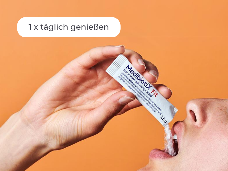 Medibiotix Fit Sachet mit grafischem Hinweis: 1 mal täglich genießen.