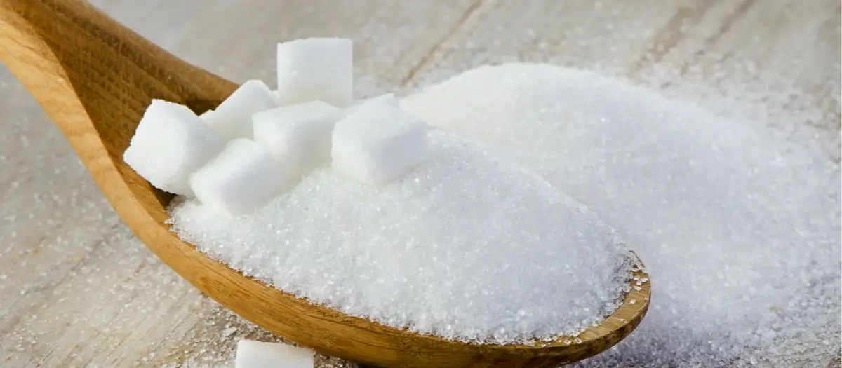 Löffel mit Zucker und Zuckerwürfeln von der Seite