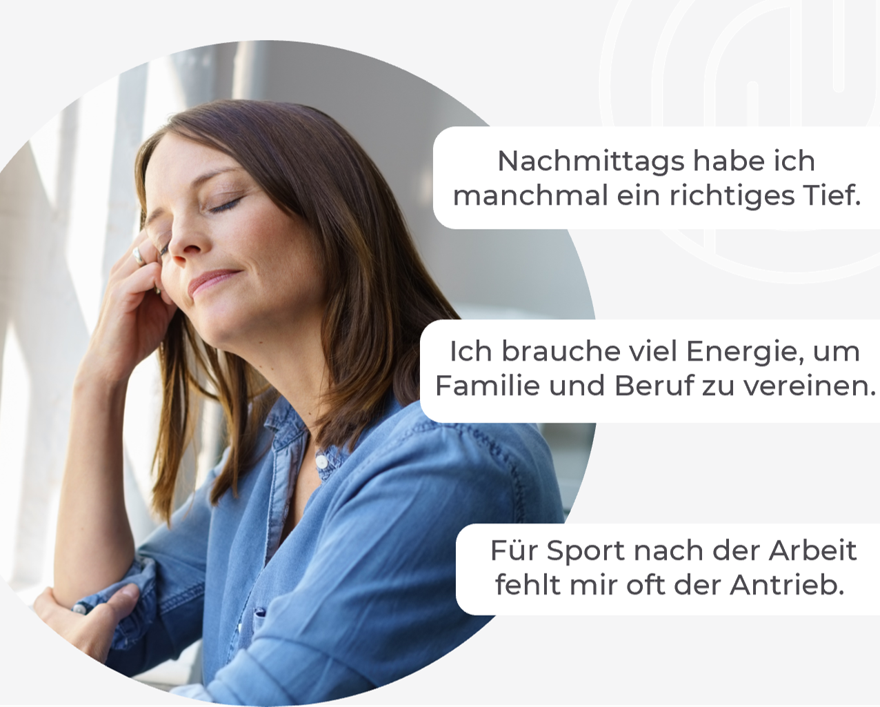 Frau lehnt ihren Kopf auf die Hand. Daneben stehen Aussagen, die ihre Gedanken darstellen.