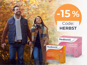 Grafischer Hinweis: 15 % Rabatt auf Medibiotix Fit und Medibiotix Cranberry & D-Mannose mit dem Code: HERBST.