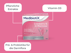 Pinke Medibiotix Cranberry & D-Mannose Packung mit grafischen Hinweisen: Pflanzliche Extrakte; Prä- und Probiotika; Vitamin D3.