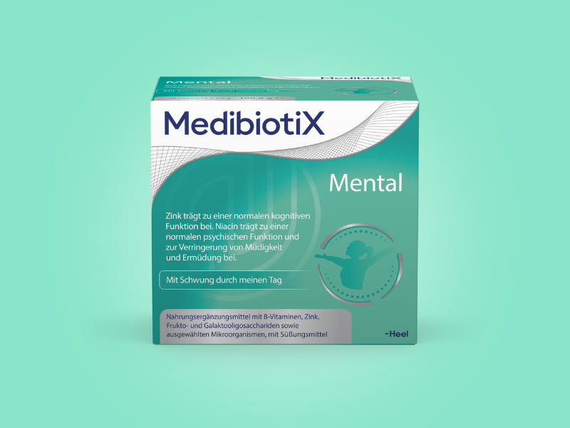Türkise Produktverpackung von Medibiotix Mental.