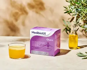 Lilane Medibiotix Gluco Packung mit Glas und Oliven-Öl.
