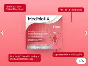 Grafik zeigt rote Packung von Medibiotix Lipo mit Produkthinweisen.