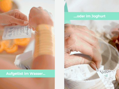 Das Gif zeigt wie Medibiotix Mental in ein Glas oder in einen Joghurt eingerührt wird.