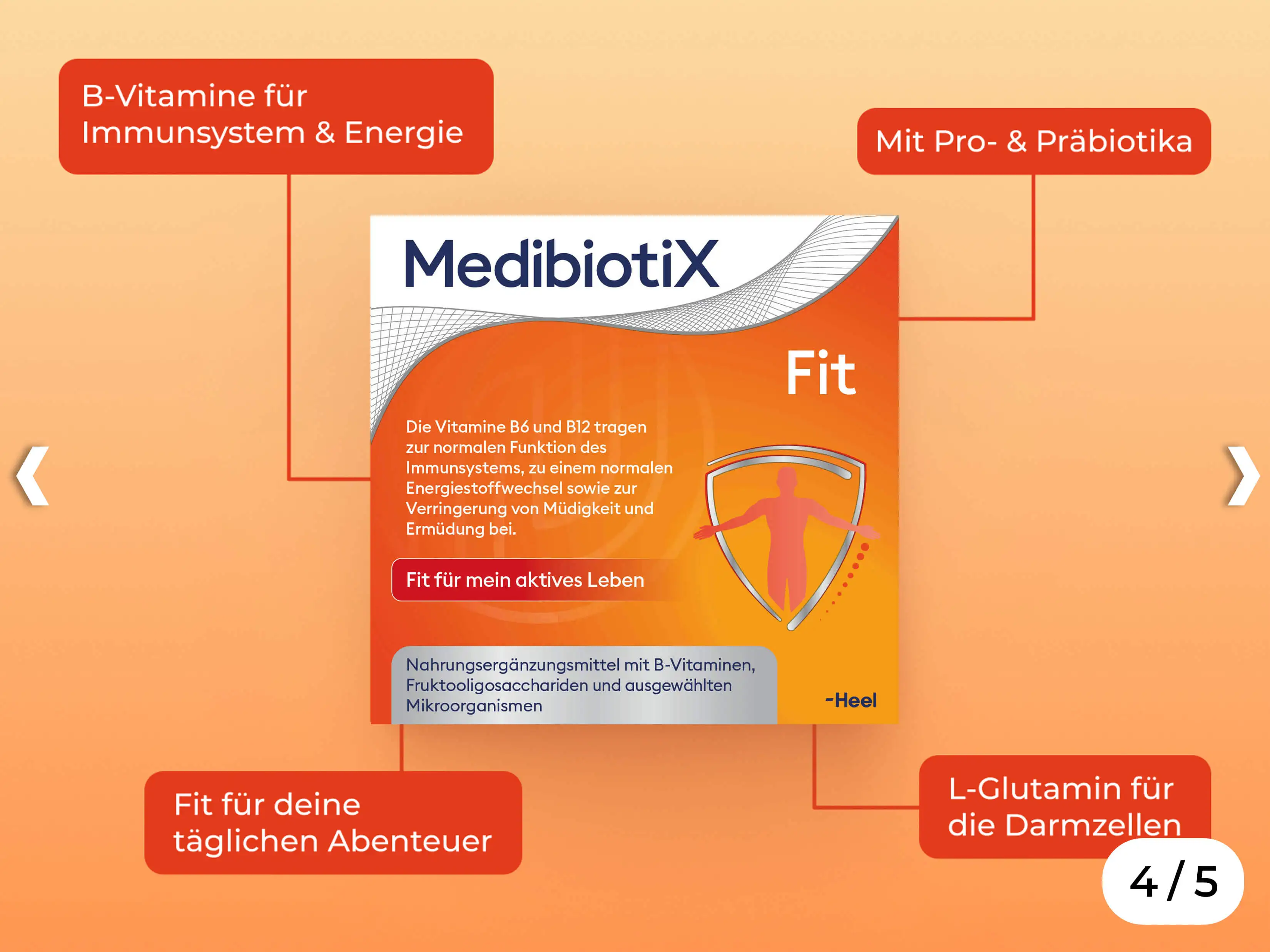 Grafik zeigt orangene Packung von Medibiotix Fit mit Produkthinweisen.