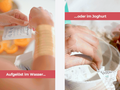 Das Gif zeigt wie Medibiotix Lipo in ein Glas oder in einen Joghurt eingerührt wird.