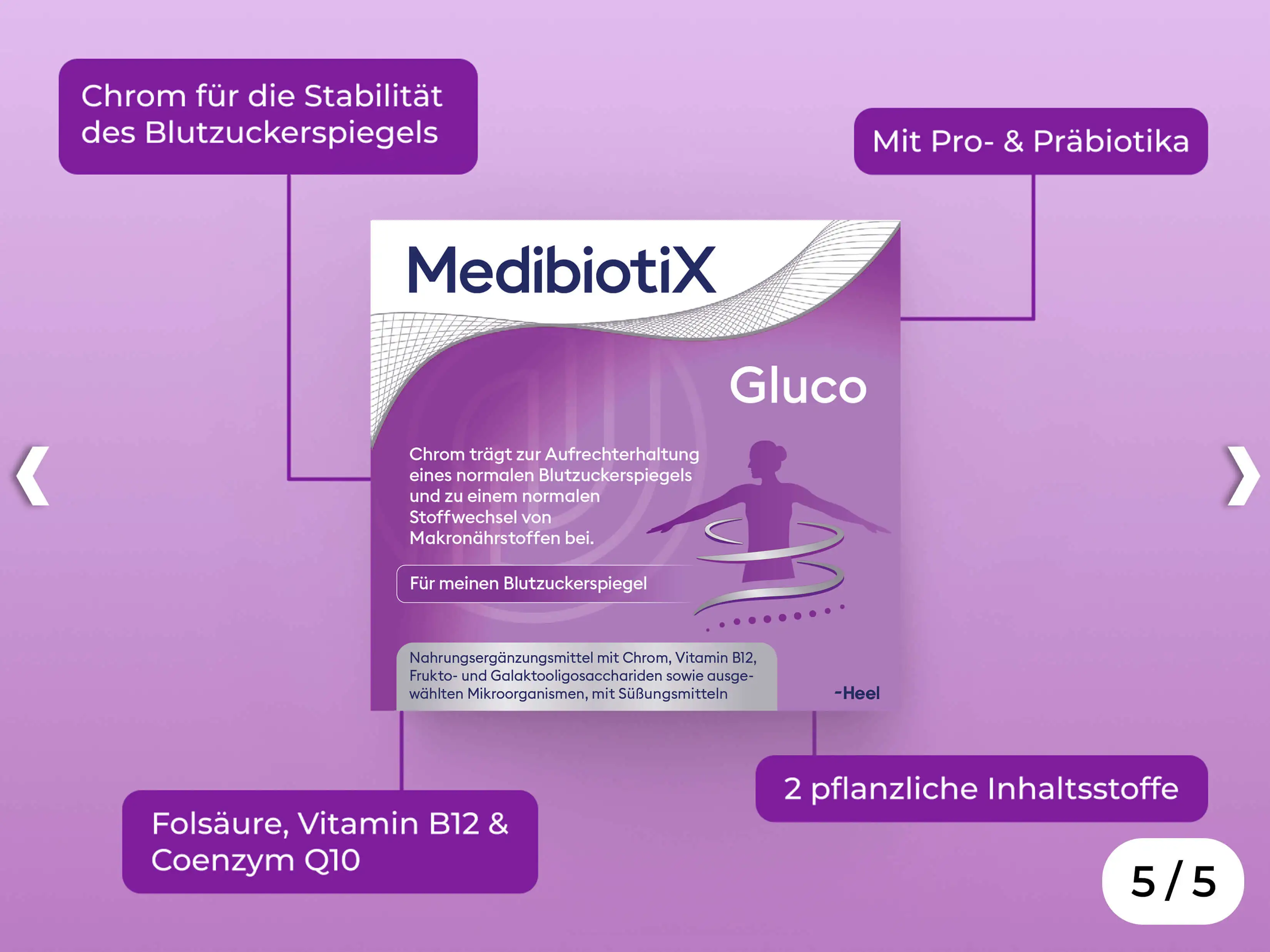Grafik zeigt lilane Packung von Medibiotix Gluco mit Produkthinweisen.