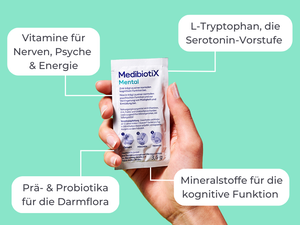 Medibiotix Mental Sachet mit grafischen Hinweisen: Vitamine für Nerven und Psyche, L-Tryptophan, Prä- und Probiotika für die Darmflora, Mineralstoffe für die kognitive Funktion.