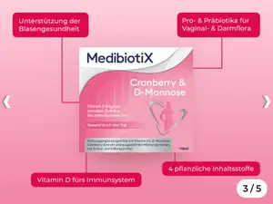 Grafik zeigt rosafarbene Packung von Medibiotix Cranberry und D-Mannose mit Produkthinweisen.