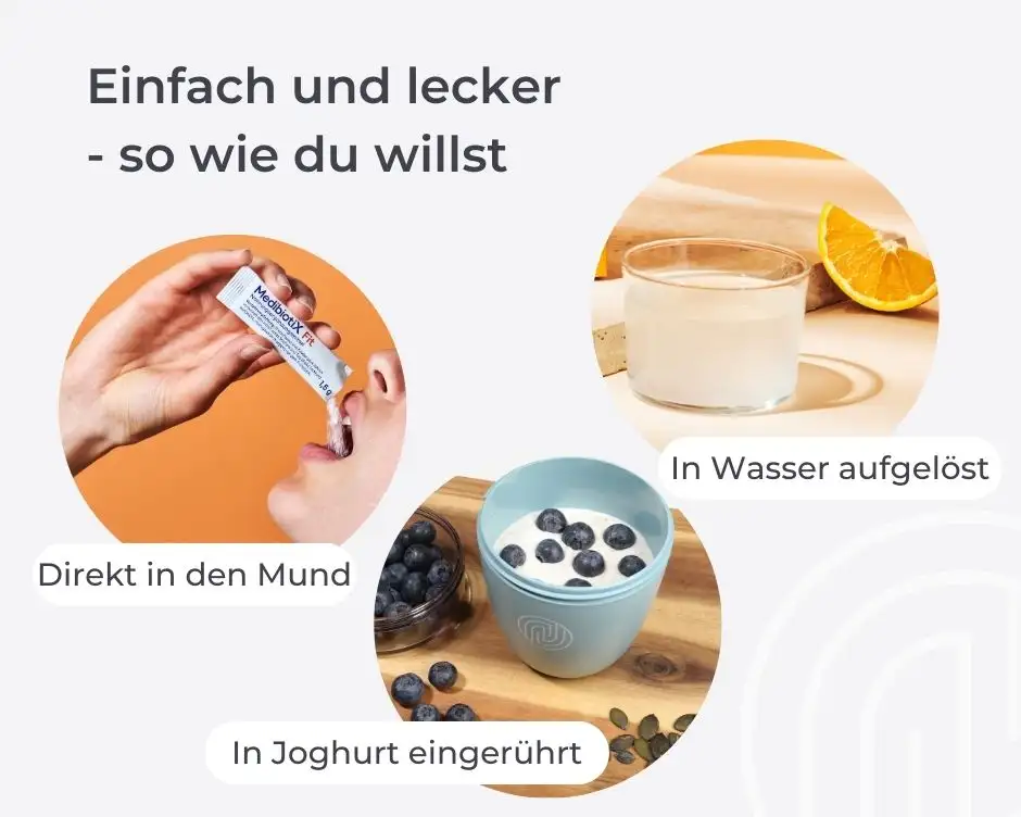 MedibiotiX Fit Einnahme Optionen, in Wasser, Joghurt oder direkt in den Mund