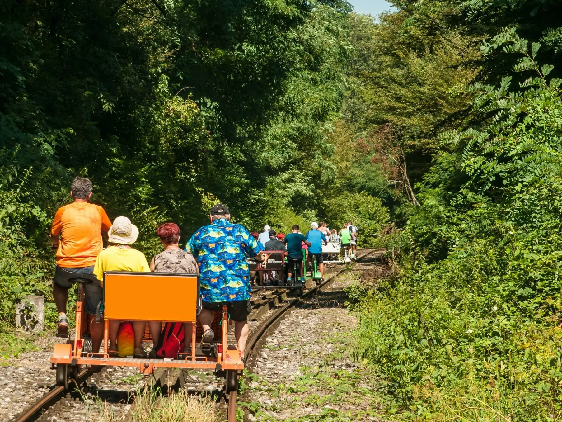 Familien und Freunde fahren mit der Draisine durch die Natur.