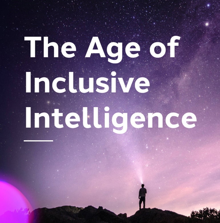 Man on top of a hill with the text 'The Age of Inclusive intelligence' in white