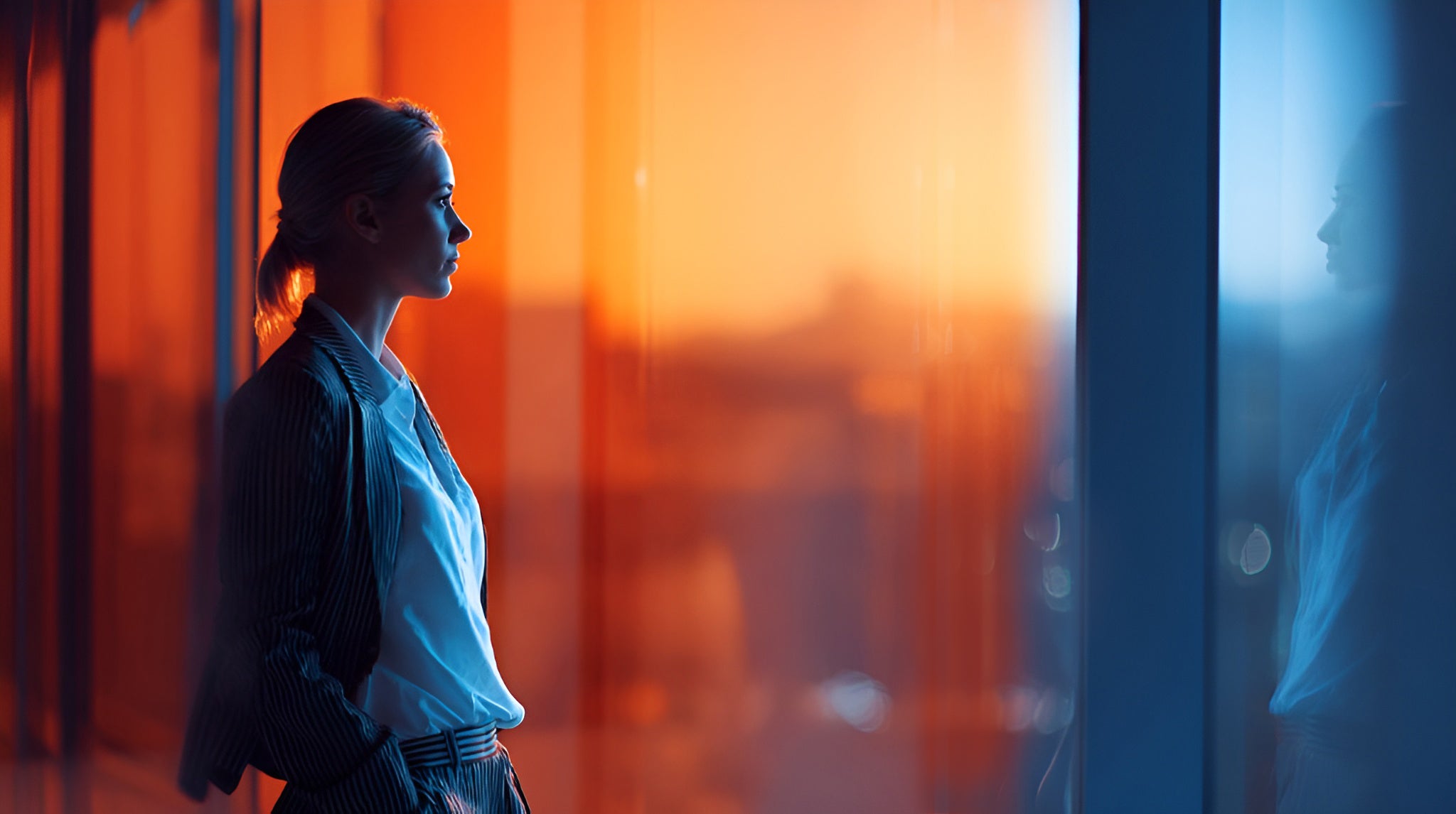 A woman in profile looking to the left. She is in shadow against an orange background