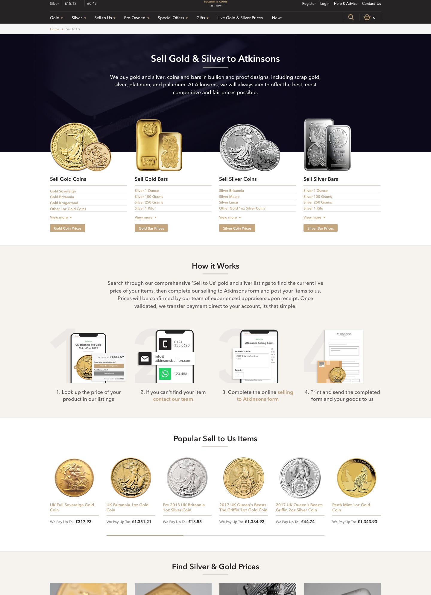 Sell gold and silver page design