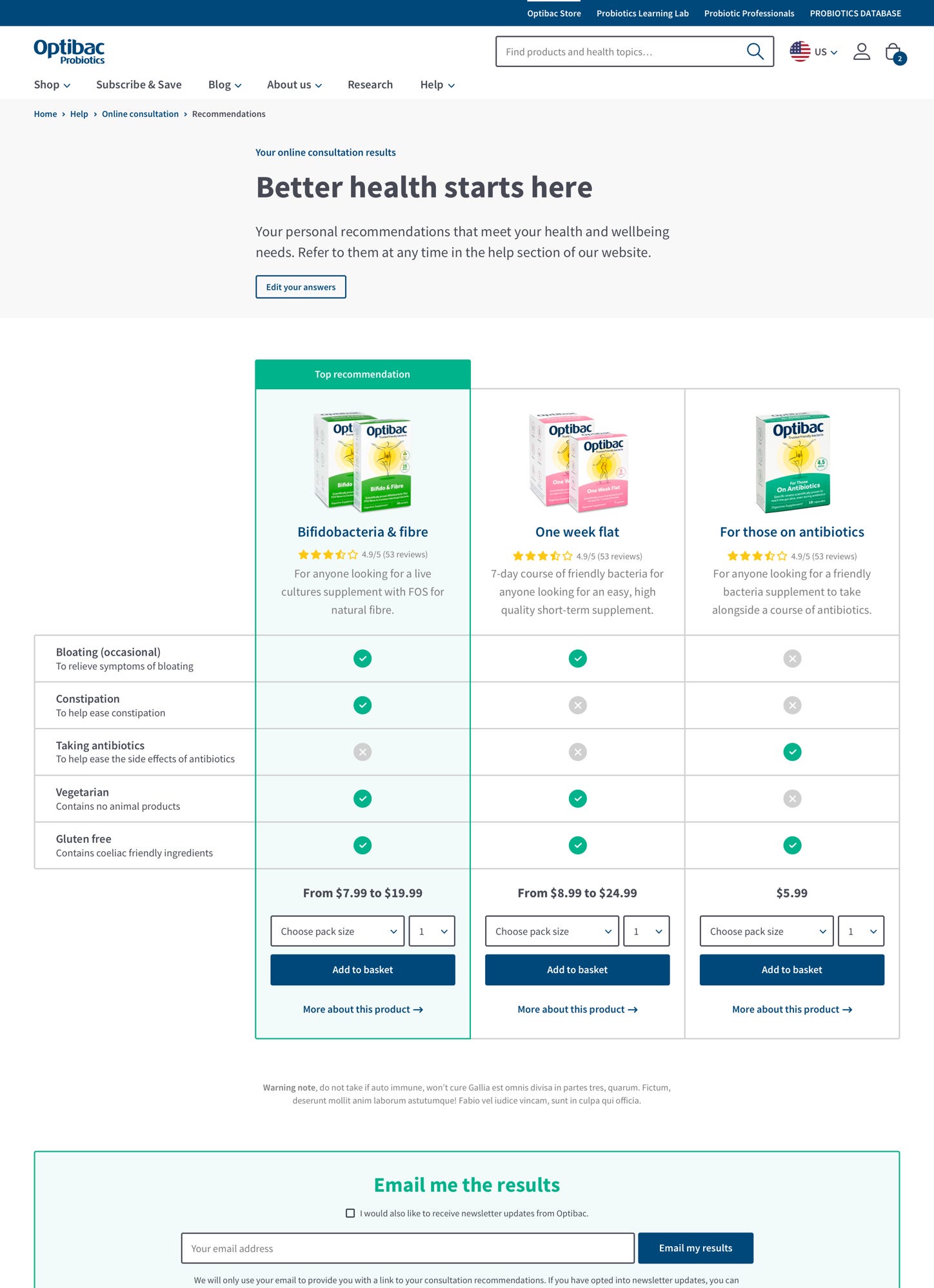 Optibac comparison table