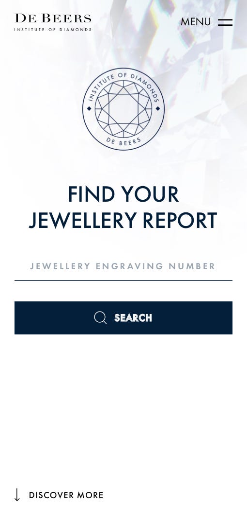 De Beers jewellery report search page design