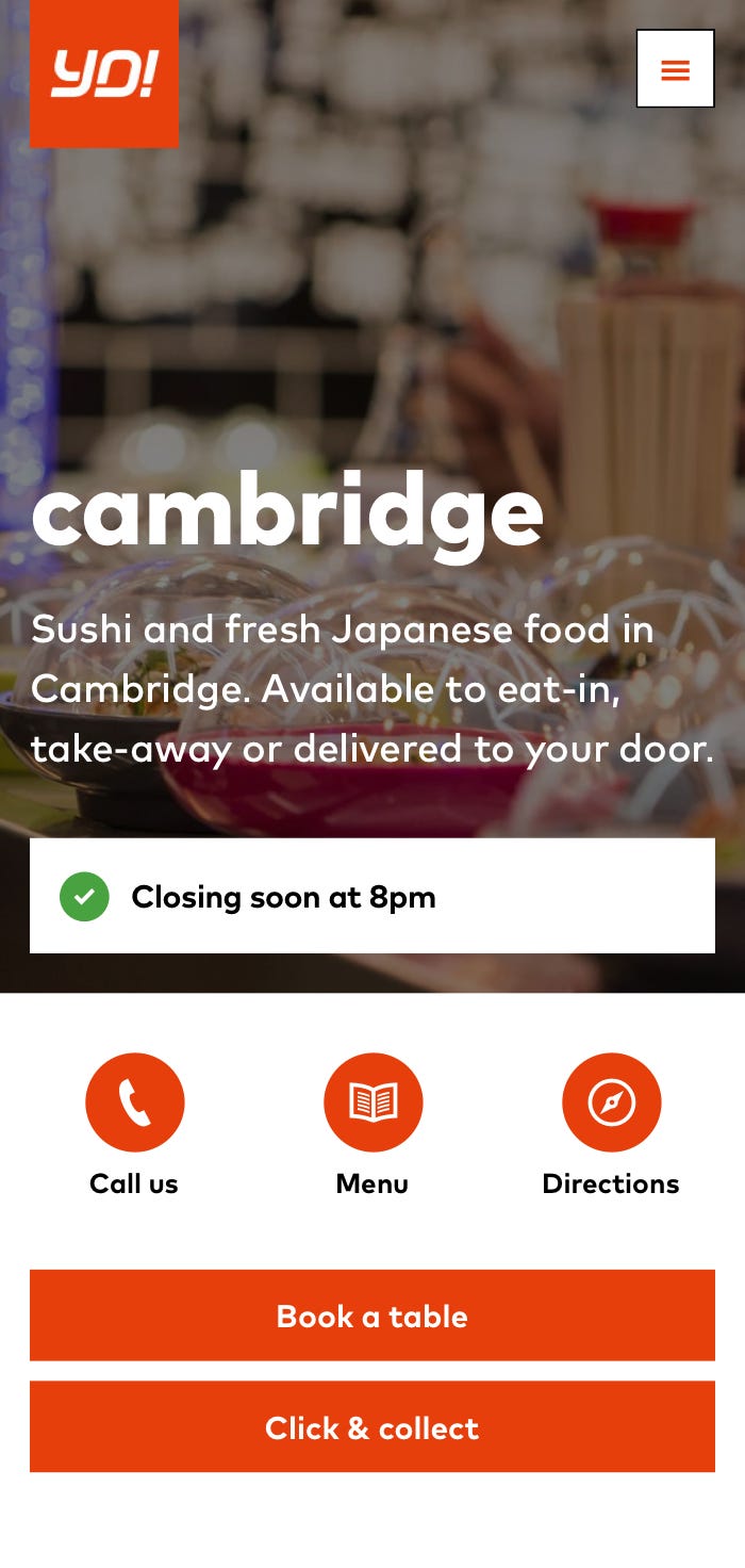 YO! Cambridge restaurant page design