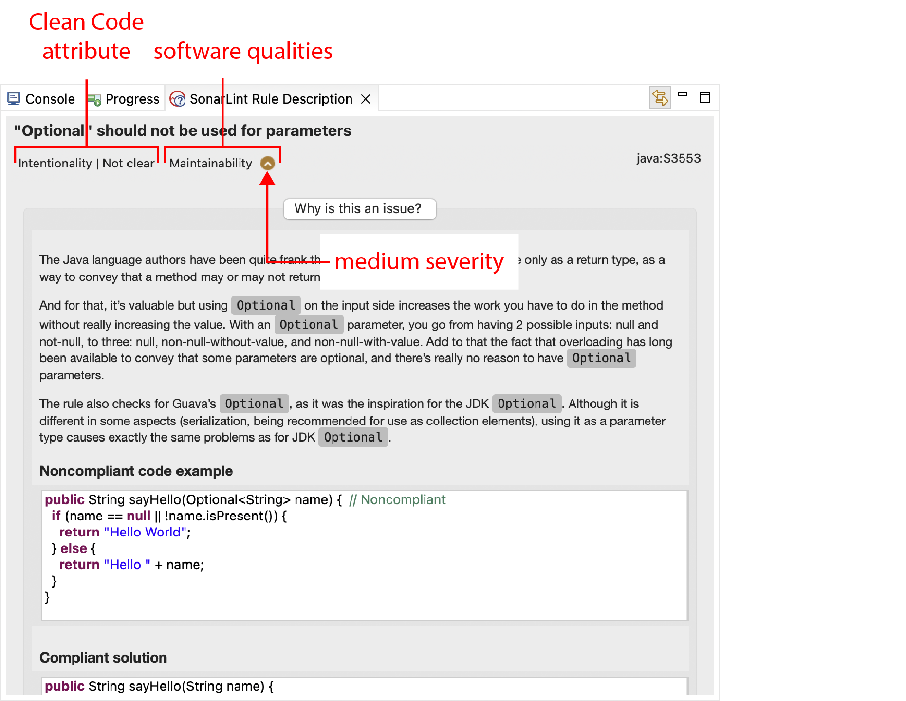 Clean Code attributes and software qualities as they appear in the SonarLint Rule Description view. 