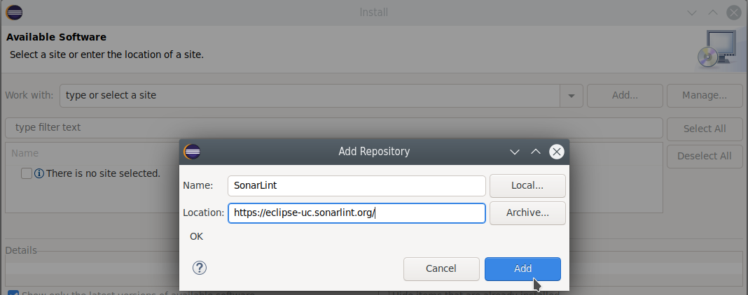 Add the SonarLint repository URL to the Location field in the Installation Wizard.