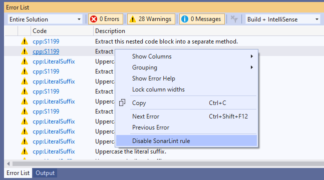 SonarLint rules can be disabled directly in the IDE.