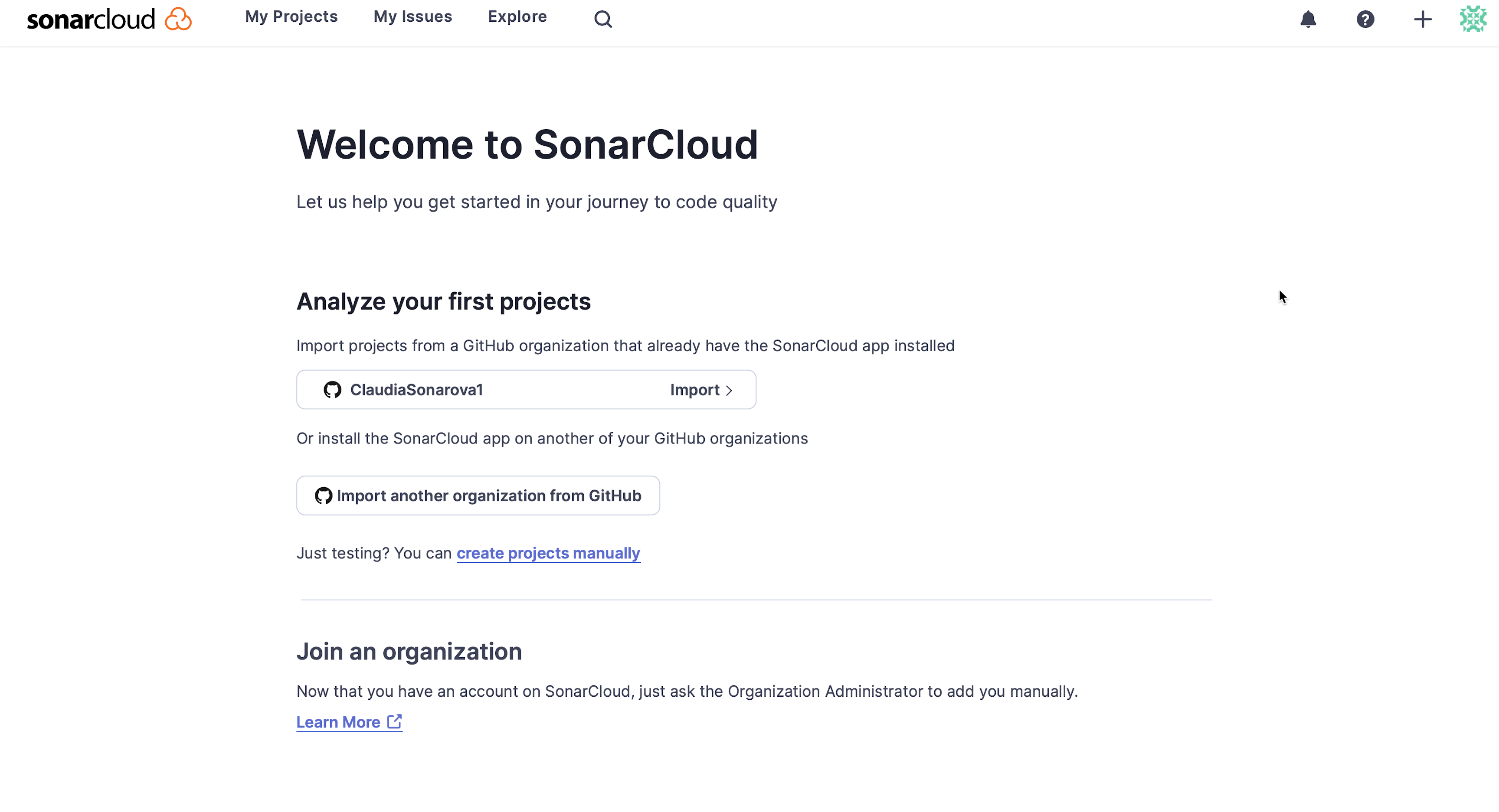 Your Welcome to SonarCloud page to import your first GitHub project.