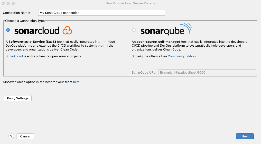 Choose SonarCloud and add server details to set up your connection with SonarLint.
