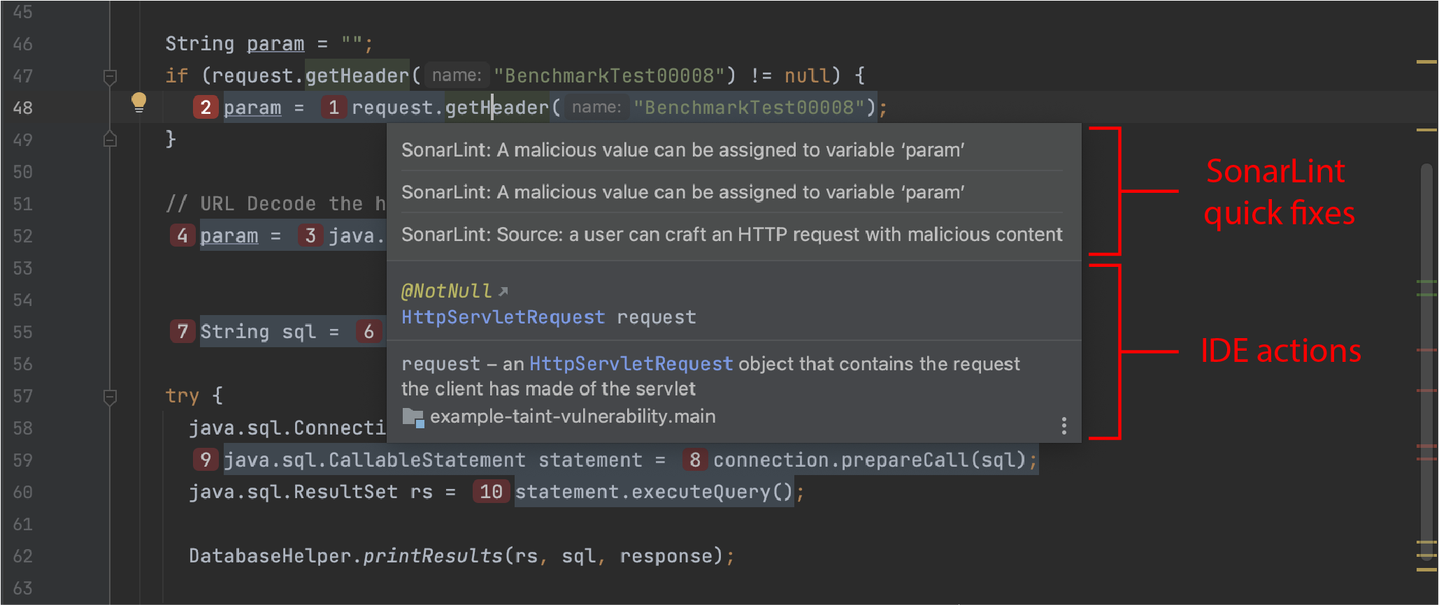 SonarLint's quick fix actions are highlighted as something different than an IDE action.