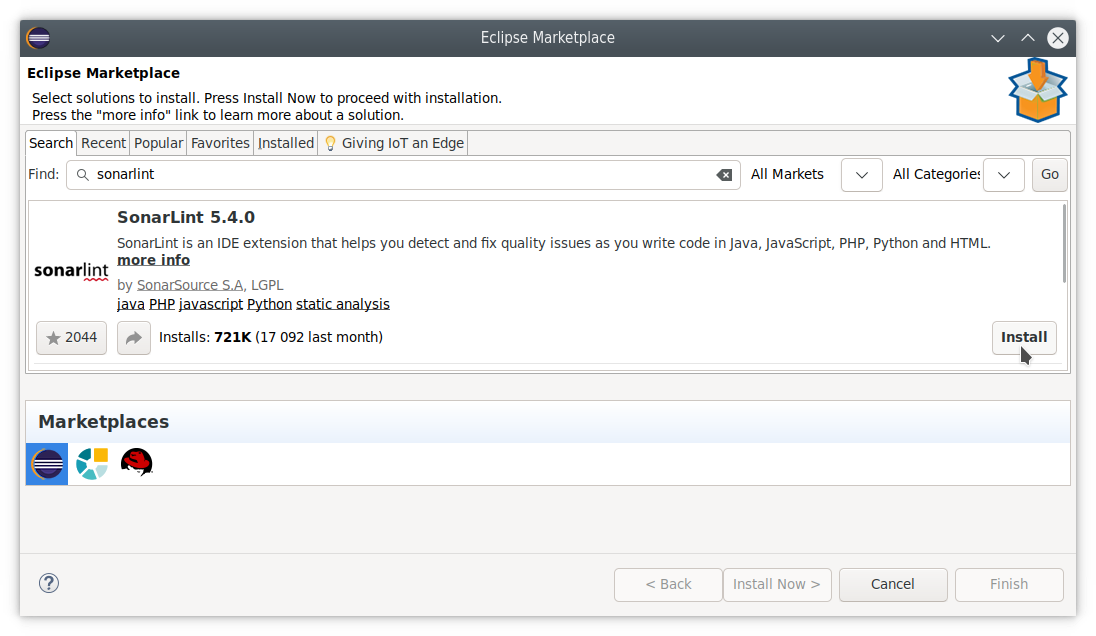 Install SonarLint for Eclipse directly from the Eclipse Marketplace.