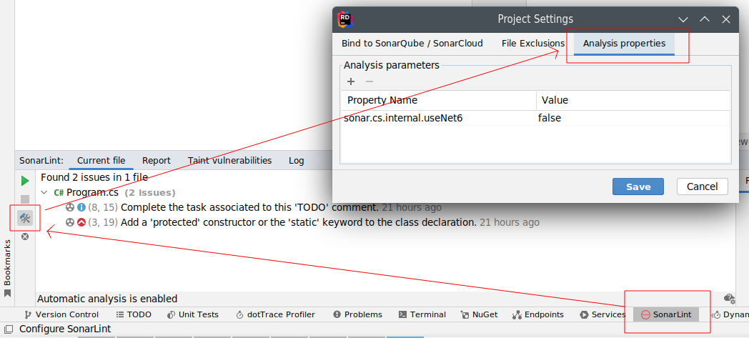 Go to the SonarLint Project Settings to define properties for Rider.
