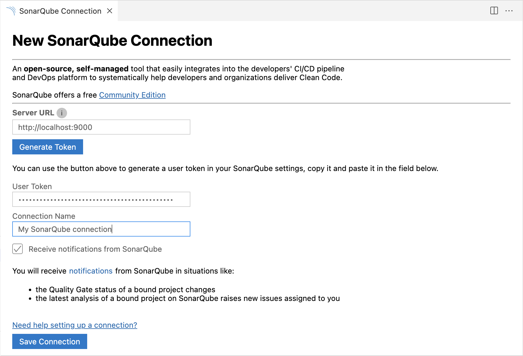 Add the SonarQube server details to set up your connection with SonarLint.