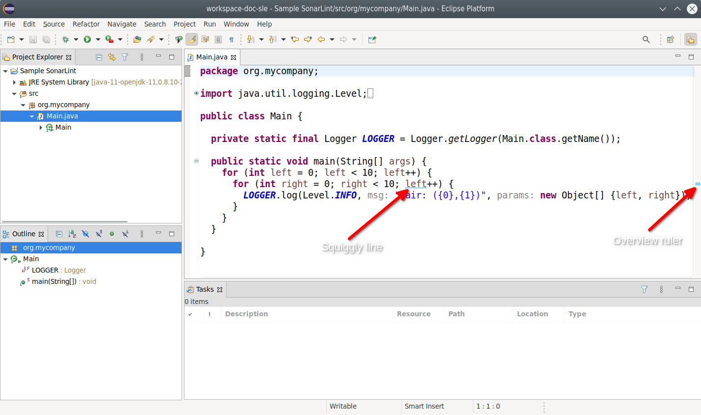 SonarLint gives you squiggly lines and a ruled line in the sidebar to help call out issues in the Eclipse code explorer.