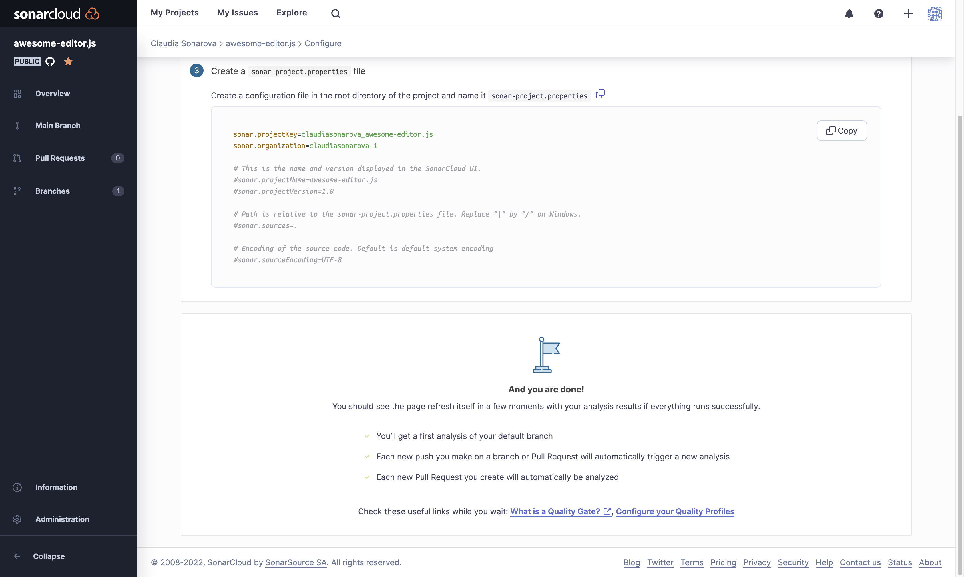 Configure all GitHub steps to connect your repository to SonarCloud.