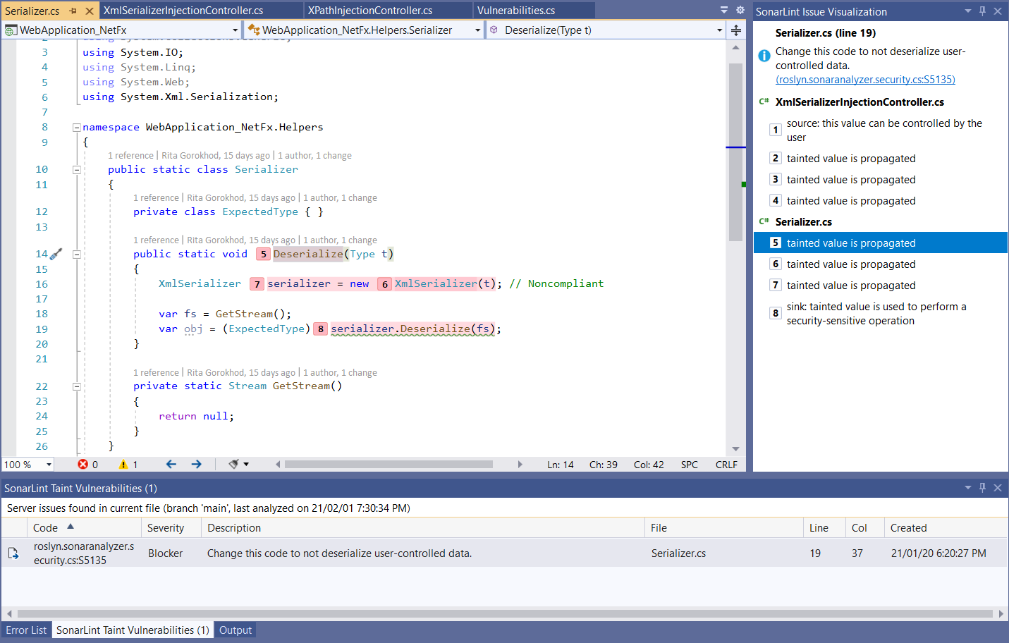 Secondary issue locations found be SonarQube or SonarCloud will be visualized in the Visual Studio code editor.