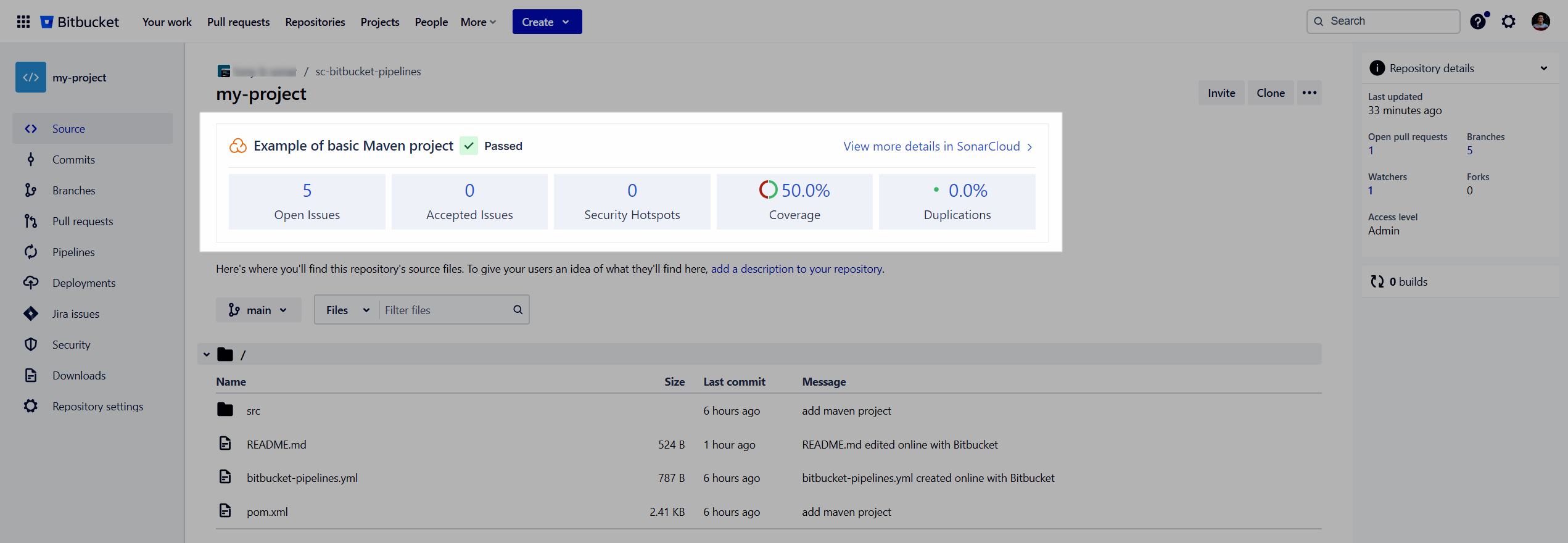 Screenshot of the BitBucket interface with the SonarCloud project analysis results widget.