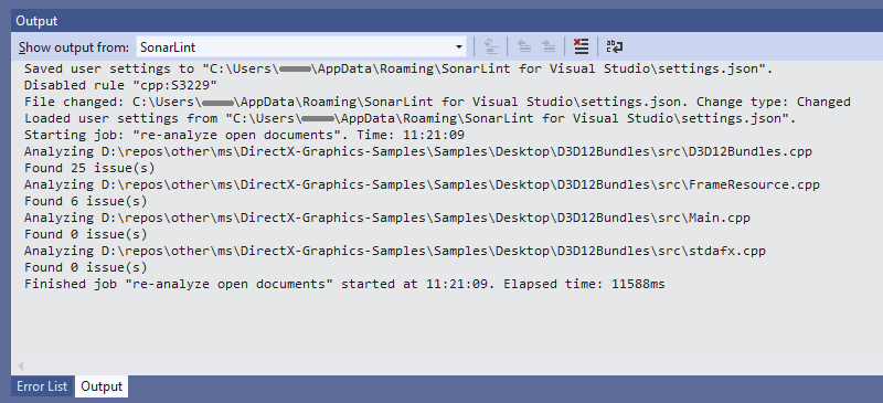 The SonarLint output window will give you the analysis logs in more detail.