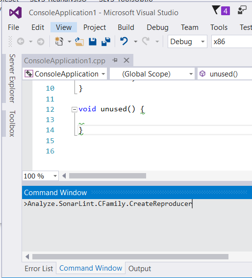 Type in the Visual Studio command window to create your reproducer file for SonarLint.